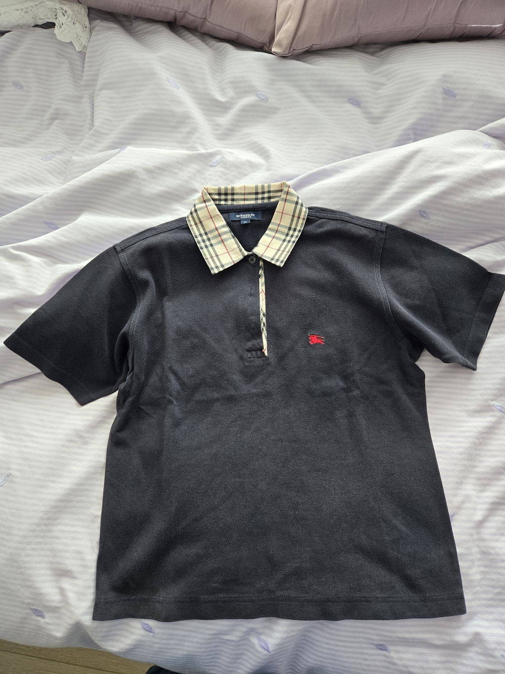 Burberry Black Polo with Signature Beige Check Collar